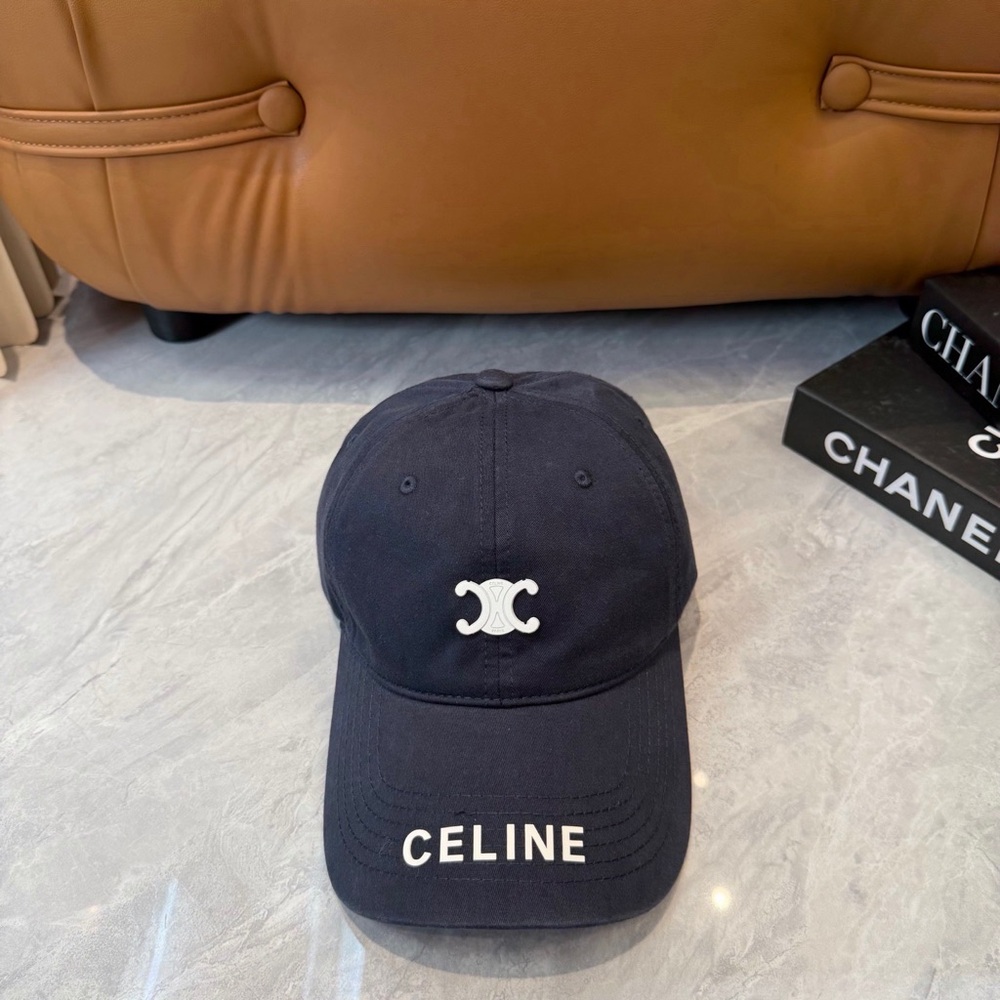Celine Navy Baseball Cap with White Logo and Triomphe Emblem